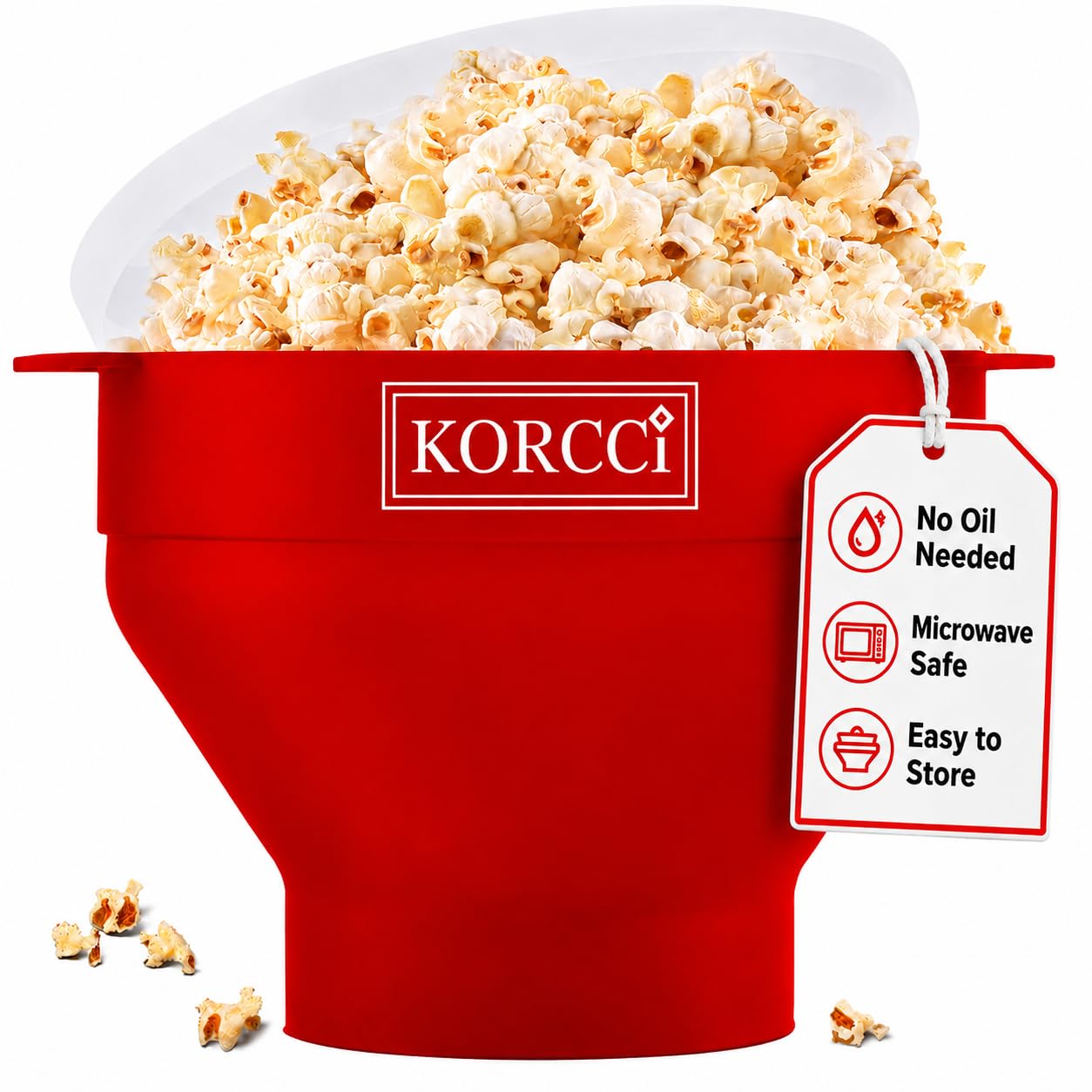 The Original Korcci Microwaveable Silicone Popcorn Popper, Microwave Popcorn Popper, Collapsible Microwave Popcorn Maker Bowl, No Oil Needed, Use In Microwave, Dishwasher Safe (Cherry)