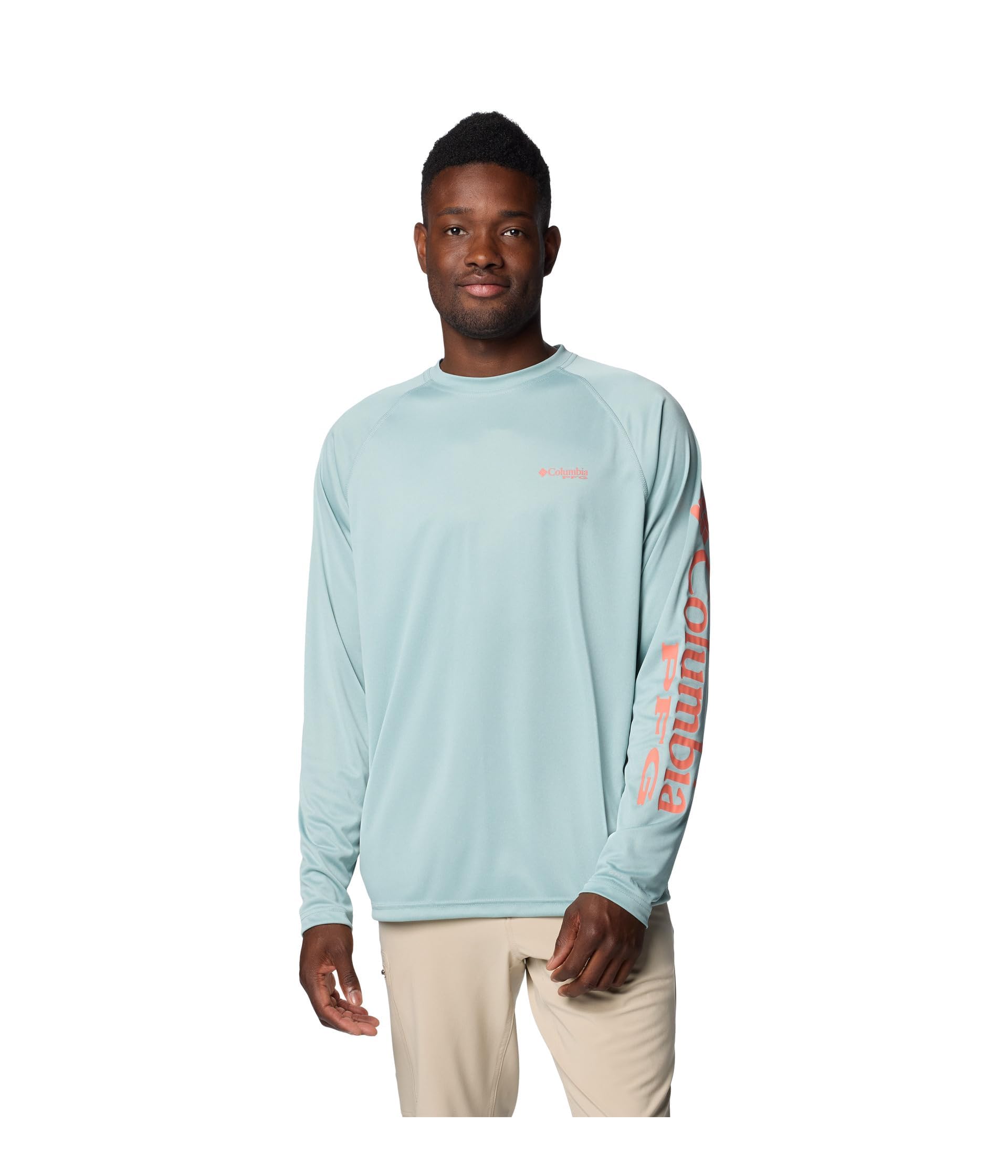 Columbia Men's Terminal Tackle Heather Long Sleeve Shirt, Crushed Blue Heather/Faded Peach Logo, Small