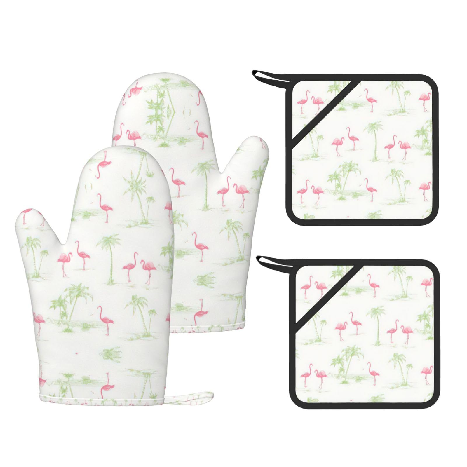 Pink Flamingos Printed Oven Gloves and Hot Pads Set of 4, High Heat Resistant Silicone Mitts for Cooking BBQ