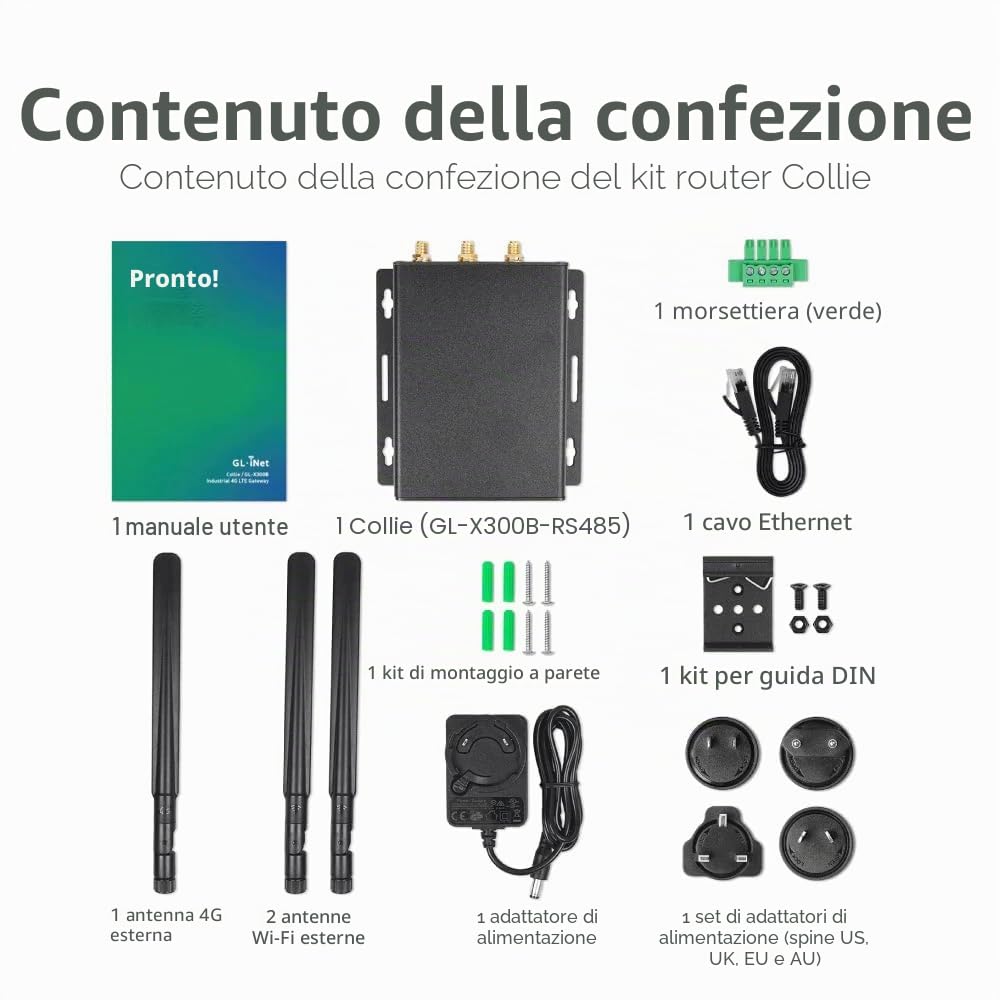 GL.iNet GL-X300B Collie Gateway wireless industriale 4G LTE RS485 VPN | Involucro metallico, antenna rimovibile, RS485, watchdog hardware, 2,4 GHz, VPN, OpenWrt, ampio intervallo di tensione 9-36 V