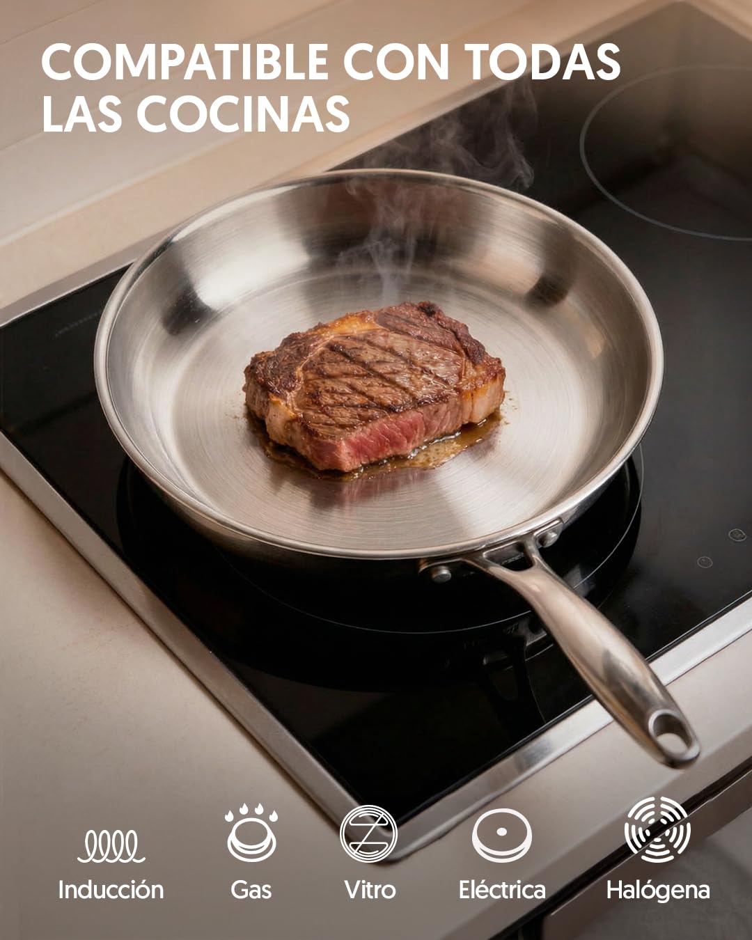 La Moustache - Batería de Cocina de Acero Inoxidable 8 Piezas con Tapas de Vidrio (Ø16/20/24 cm) - Juego de Ollas y Sartenes para Inducción, Sin Recubrimientos, Apta Lavavajillas (Titan Inox) - 4