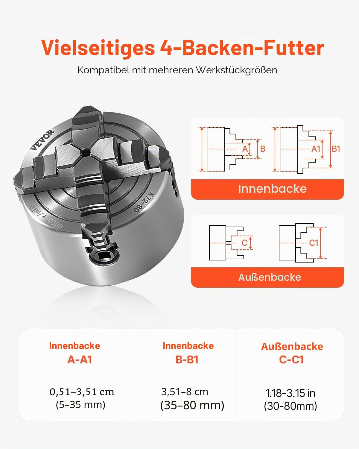 VEVOR 4-Backen-Drehfutter, 80 mm, Spannfutter, 5-80 mm Spannbereich mit T-Schlüssel-Befestigungsschrauben, umkehrbare Backen, HT300-Material, für Holz-Metall-Drehmaschine