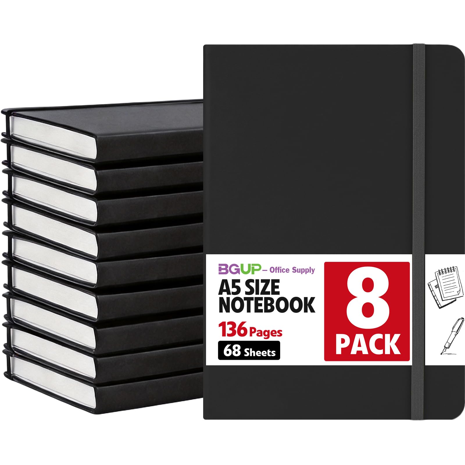 Confezione da 8 quaderni a righe per lavoro, formato A5, copertina rigida (14 x 21,1 cm), nero, 136 pagine, a righe, per scrivere, prendere appunti, lavoro, scuola casa