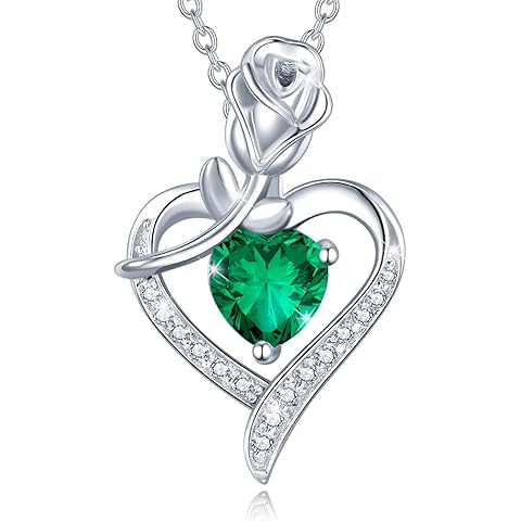 AGVANA Rosy Reverie Birthstone Necklace for Women Sterling Silver Genuine or Created Gemstone Rose Flower Heart Pendant Necklace Anniversary Birthday Gifts for Women Mom Wife Her