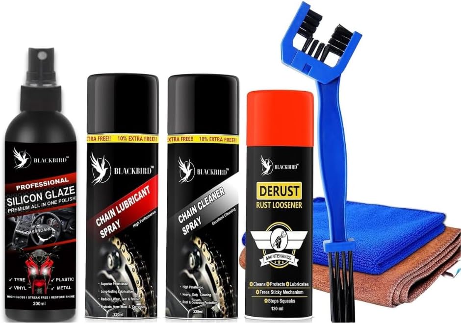 BLACKBIRD Bike Care Kit. 1Pcs - Chain Lube 220ml, Chain Cleaner 220ml, De-Rust 120ml, All in One Polish 200ml, Chain Cleaning Brush and 2 Pc Microfiber Cloth