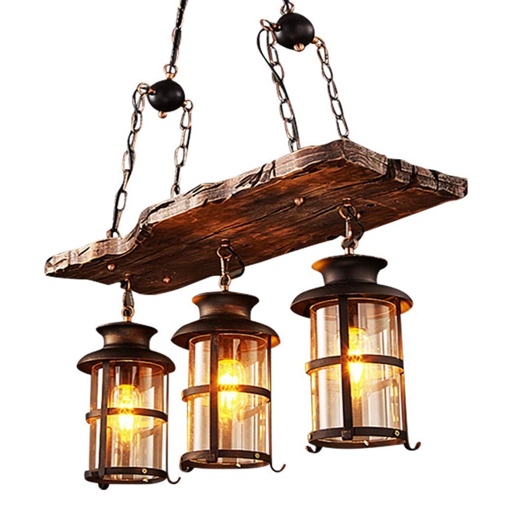 Abinlina Industrial Vintage Wood Chandelier - Retro 4-Light Suspension Lamp with Glass Shades for Home & Restaurant Decoration(3*e27)