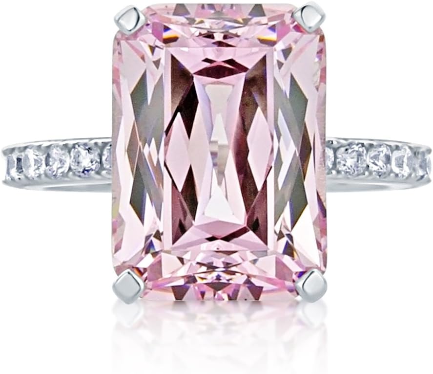 DoubleAccent Sterling Silver Ring Emerald Cut 8.5 carat Super Light Pink CZ Stone Cocktail Ring 14MM (Size 5 to 10)