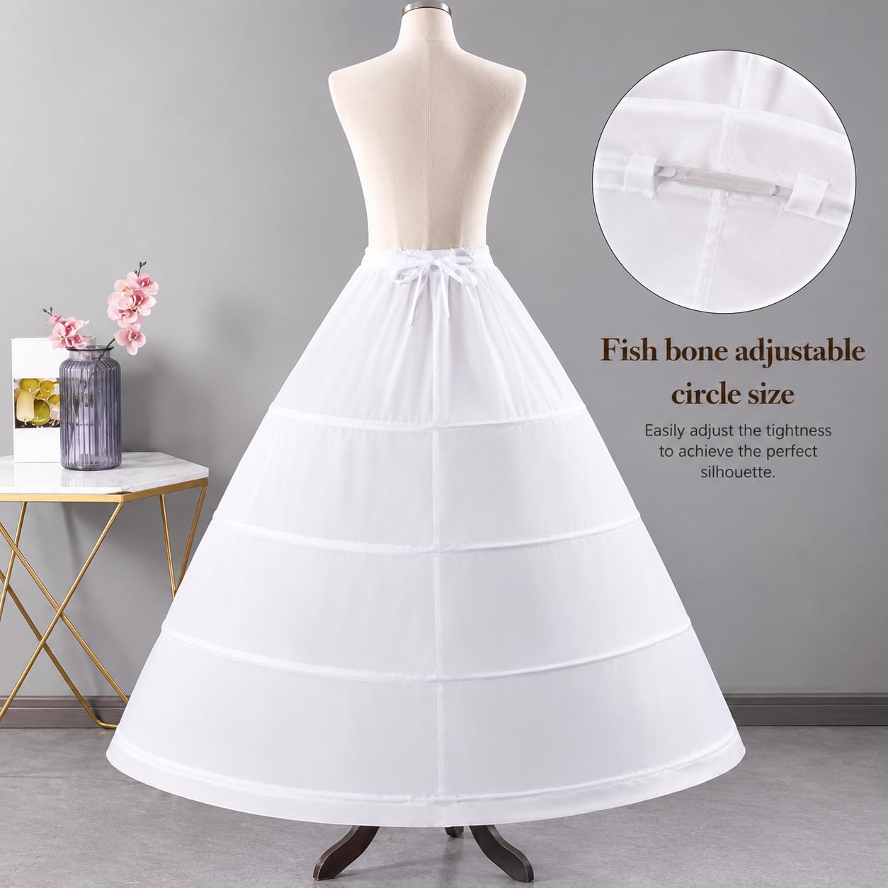 Reifrock Brautkleid - Damen 4 Reifen Petticoats A-Linie Bodenlang Unterrock Crinoline für Hochzeit Ballkleid Weiß