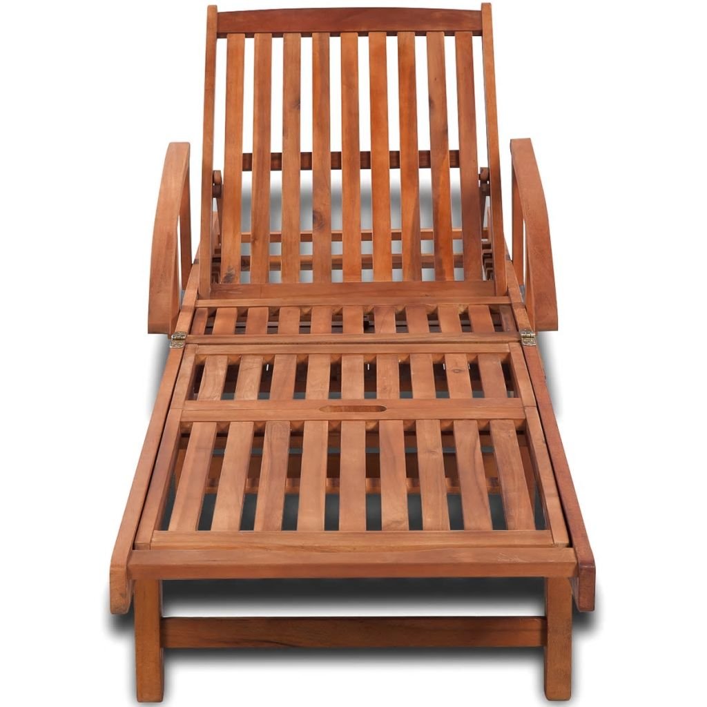 Tumbona Reclinable de Jardín, Clásica y Rústica, con Mesa Extraíble, Ruedas y Ajustable en 5 Posiciones, Marrón, Madera de Acacia