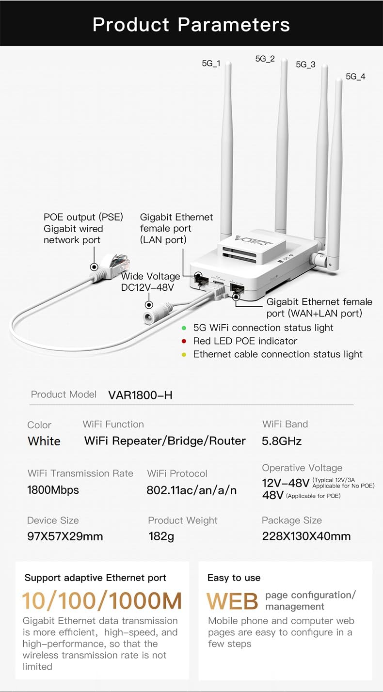 VONETS VAR1800-H Gigabit WLAN Bridge Router, Ethernet Wireless RepeaterRJ45, adapter WLAN, wzmacniacz zasięgu, 3 Gigabit POE do robotów, przemysłowe urządzenia sieciowe IoT 1800 Mbit/s, VAR1800-H