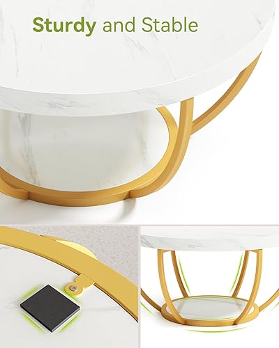 Miniatura 7 de LITTLE TREE Round Coffee Table, 32" Circle Faux Marble Coffee Tables for Living Room, 2-Tier Golden Metal Legs Accent Center Table with Open Storage