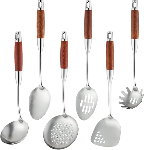 Juego de utensilios de cocina de acero inoxidable con mango de madera, juego de utensilios de cocina de metal 1810, 6 piezas, espátula, cucharón,