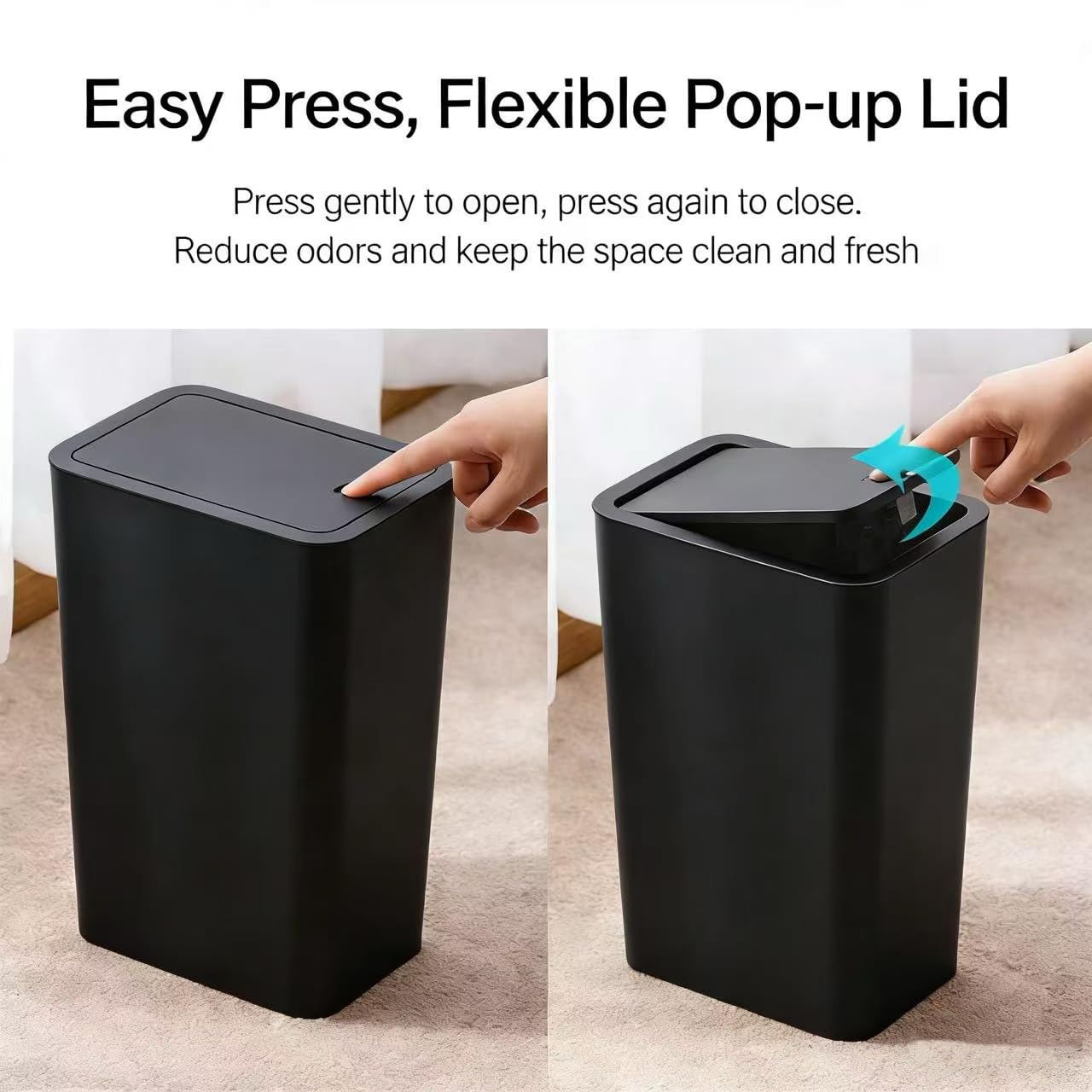Compact Push-in Trash Can with Lid for Bathrooms, Kitchens, Living Rooms, Offices, Etc., Trash Can with Pop-Up Lid, 10 Liter/2.6 Gallon Slimline (Black，2 Pieces)