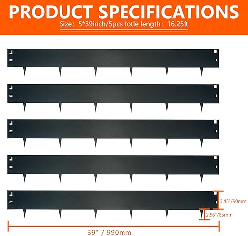 Miniatura 2 de ITeVe.GD 5 bordes de acero para césped, bordes metálicos para paisaje, borde de jardín de 5 x 39 pulgadas, borde flexible de paisaje de 16.25 pies