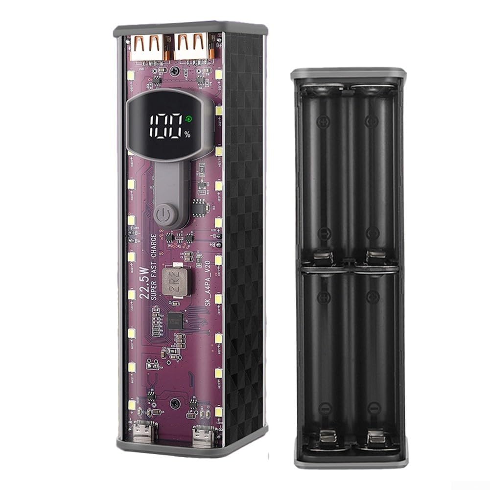 Custodia portatile per power bank in ABS trasparente, design a saldatura, per assemblaggio fai da te, compatibile con celle della batteria 8 x 18650, supporta la ricarica rapida da 22,5 W e 45 W (nero