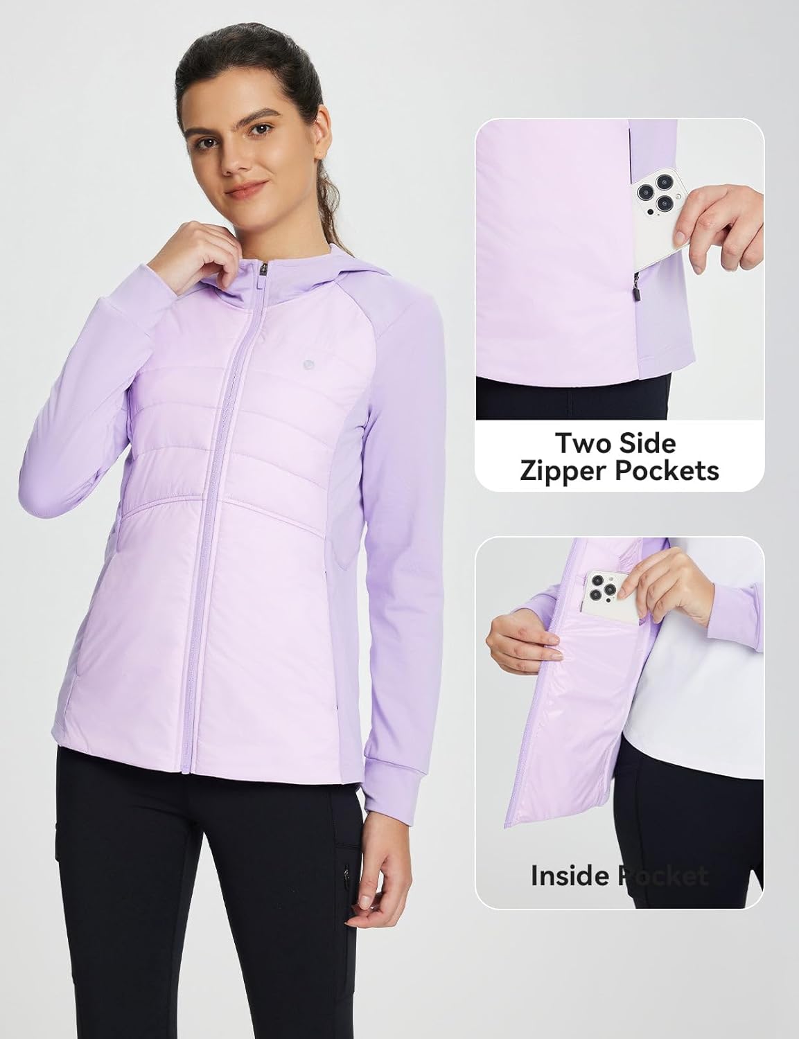 baleaf Women's Running Winter Jacket with Hood Warm Lightweight Insulated Hybrid Jackets Puffer Zip Pockets Hiking Skiing - Image 5