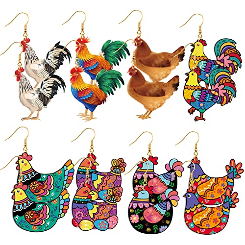 Nosiny 8 Pairs Chicken Earrings for Women Acrylic Rustic Farmhouse Chicken Gifts Cute Hen Rooster Dangle Earrings Lovely Farm Animal Jewelry for Ladies
