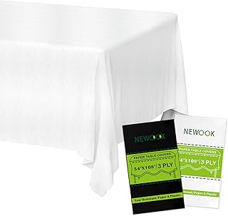 White Paper Tablecloths Disposable for Rectangle Tables 12 Pack,3 Ply Paper & Plastic Quality Table Cloth for Parties,54 x 108 Inch Birthday Table Cover Outdoor Wedding Banquet Tablecover