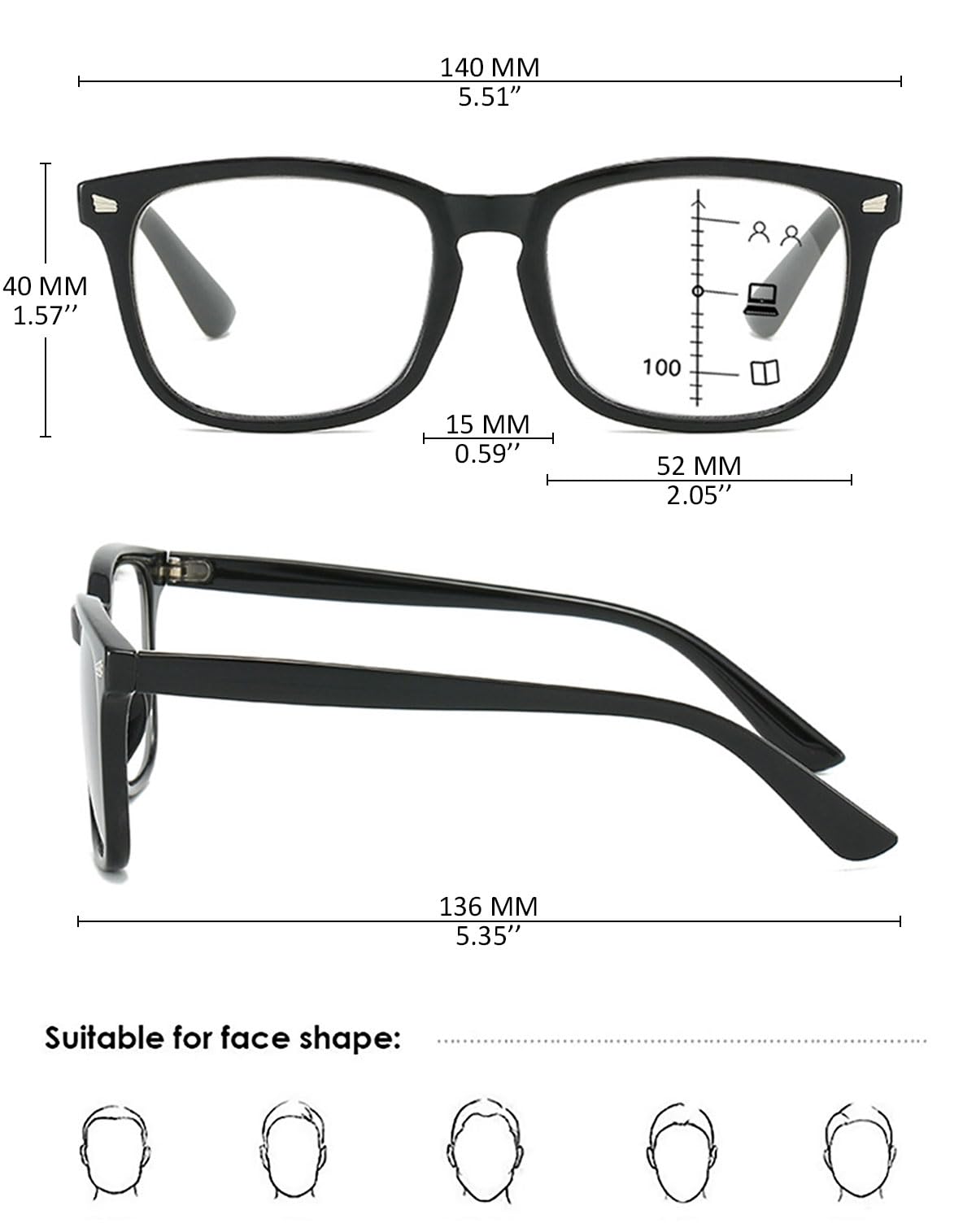 KOOSUFA Gleitsicht Lesebrille Gleitsichtbrille Progressive Multifokus Herren Damen Anti-Blaulicht Lesebrillen Klassische Lesehilfe Arbeitsplatzbrille 1.0 1.5 2.0 2.5 3.0 3.5 4.0