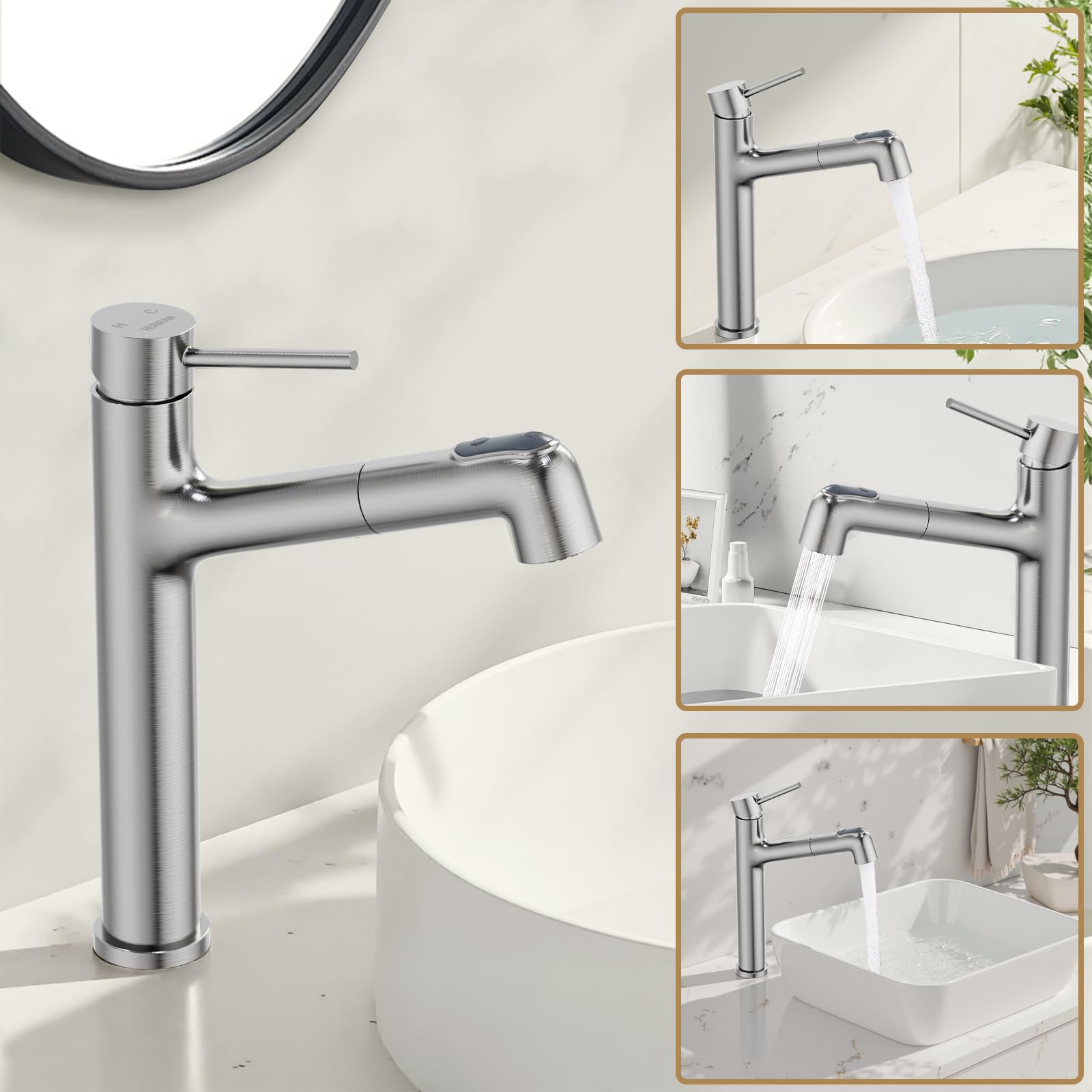 HURRAN Rubinetto Bagno Lavabo, Miscelatore Alto per Lavabo, Miscelatore Estraibile con 2 Modalità di Erogazione, Rubinetto Bagno Monocomando in Acciaio Inox, Nichel Spazzolato