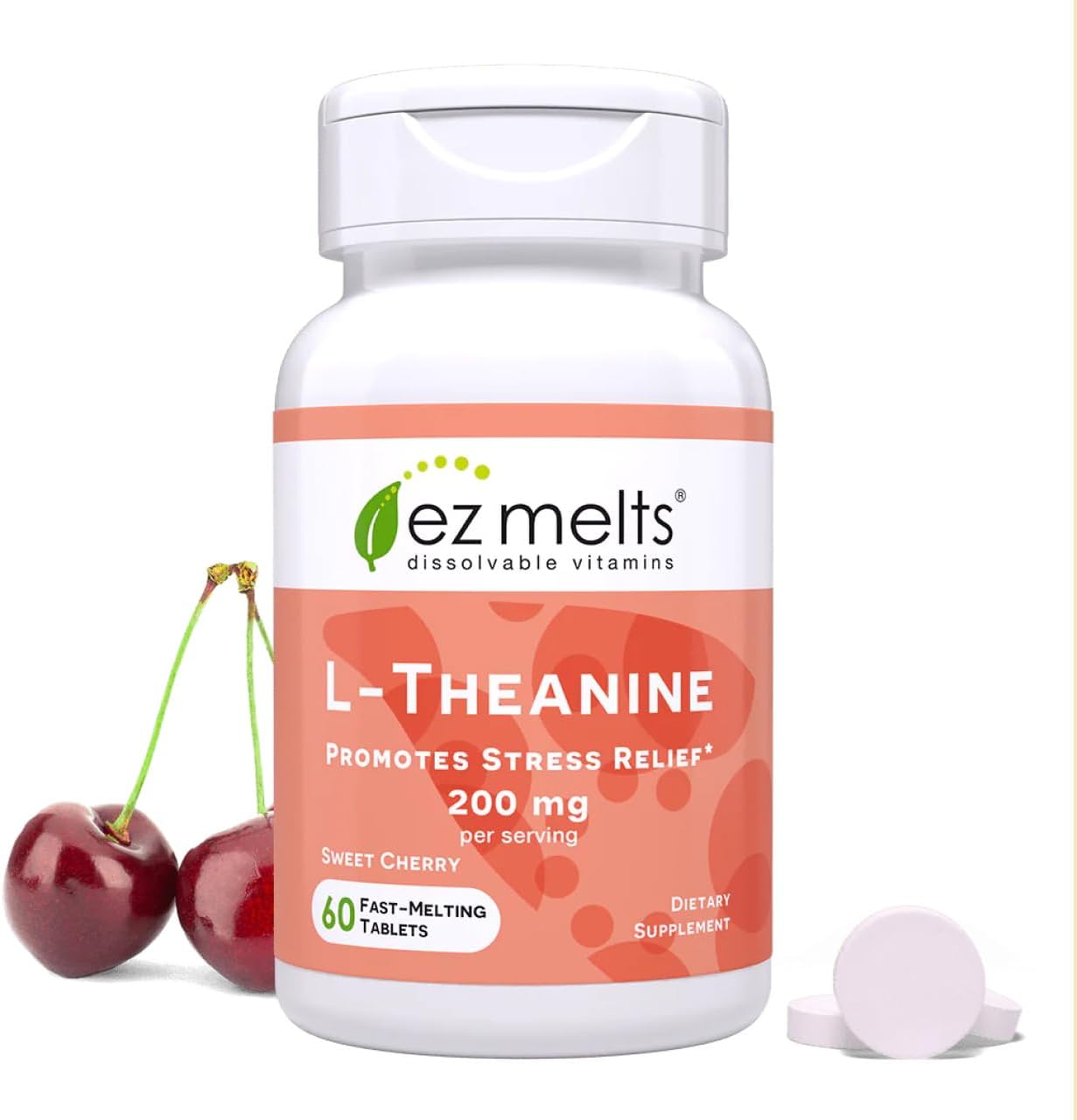 EZ Melts L-Theanine 200 mg - Stress & Relaxation Support Supplement - No Artificial Flavors - No Drowsiness - Non-GMO & Vegan - Sweet Cherry - 60 Dissolvable Tablets (30 Servings)