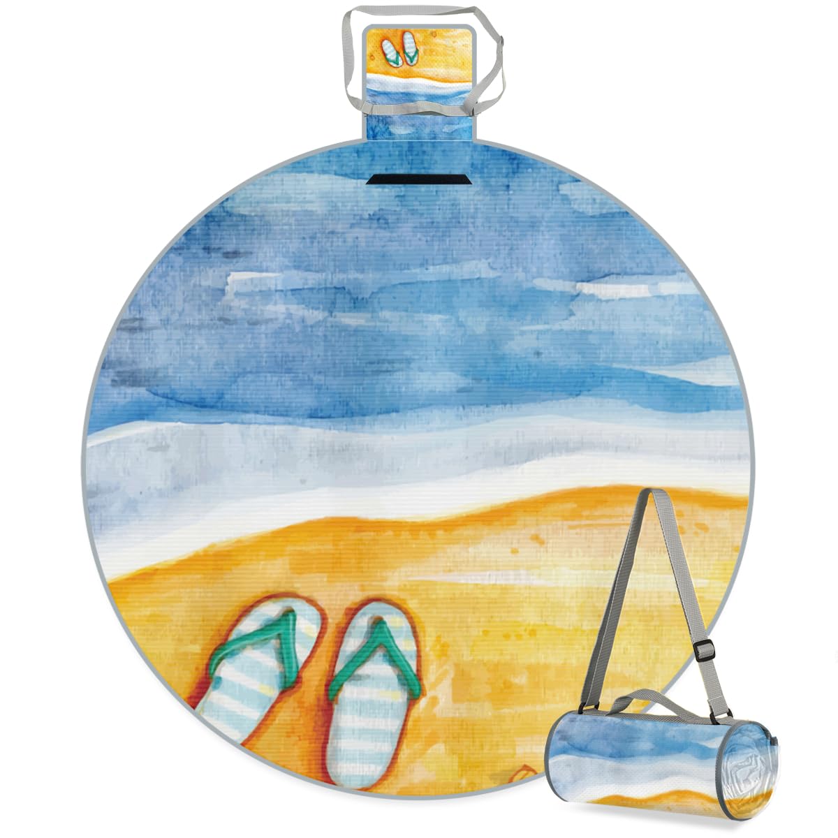 Shimoshe Flip Flops Beach Picnic Outdoor Blanket Foldable Waterproof Sandproof Beach Blanket Portable Water-Resistant Round Picnic Mat for Travel Camping Park Lawn