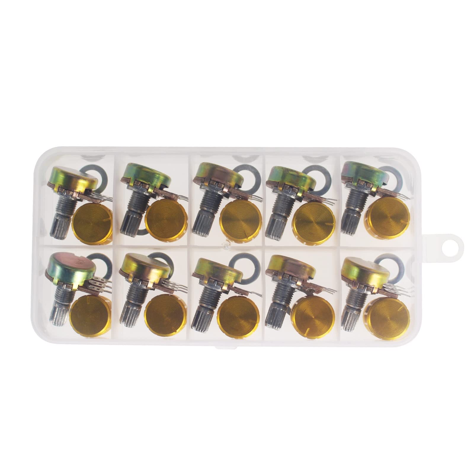 Confezione da 10 potenziometri WH148 con pomello in lega di alluminio dorato, 15 mm, 3 pin, 5 K, 10 K, 20 K, 50 K, 100 K, 250 K, 1 m, kit potenziometro (5 K Ohm)