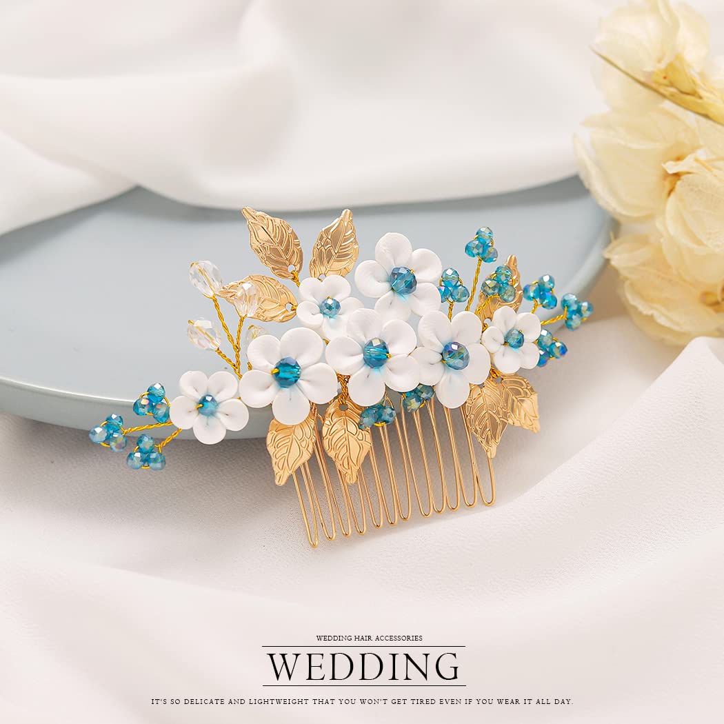 Ushiny Flower Wedding Hair Comb Gold Hair Accessories Rhinestone Bridal Hair Piece Prom Side Comb for Women and Girls - Image 3
