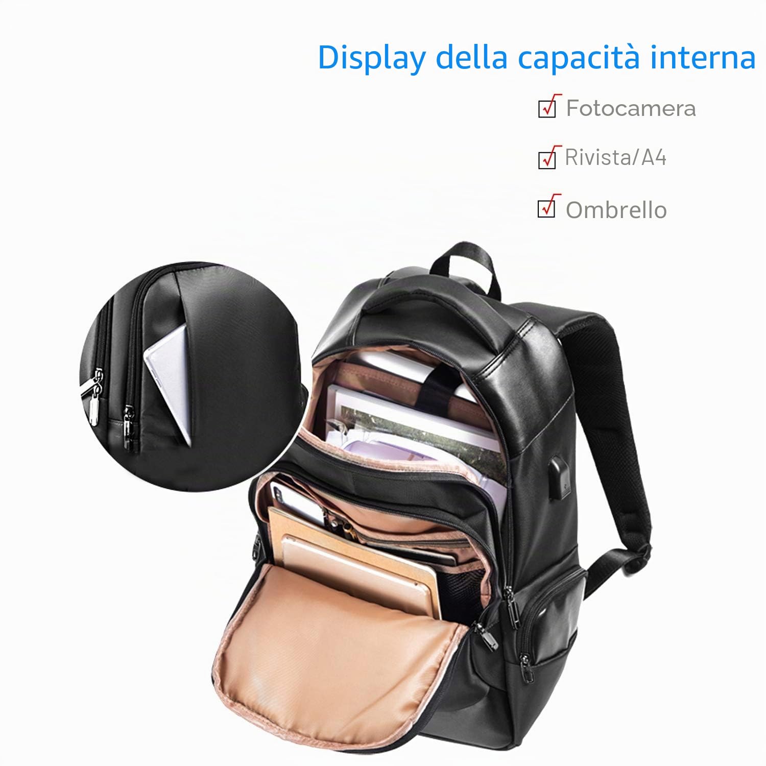 FANDARE Zaino Unisex con Porta USB - Borsa per Computer 15.6 Pollici, Universitaria da Scuola e Lavoro, Impermeabile Poliestere Nero