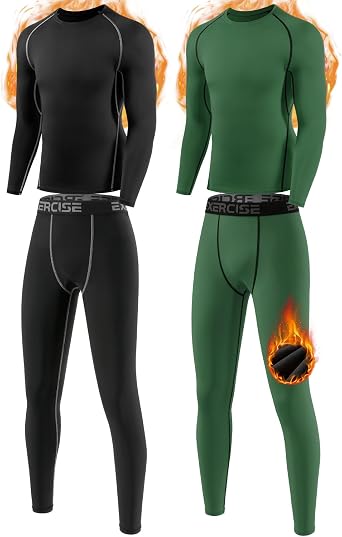 Youth Boys Thermal Underwear Set Compression Fleece Lined Leggings with Athletic Shirts Base Layer