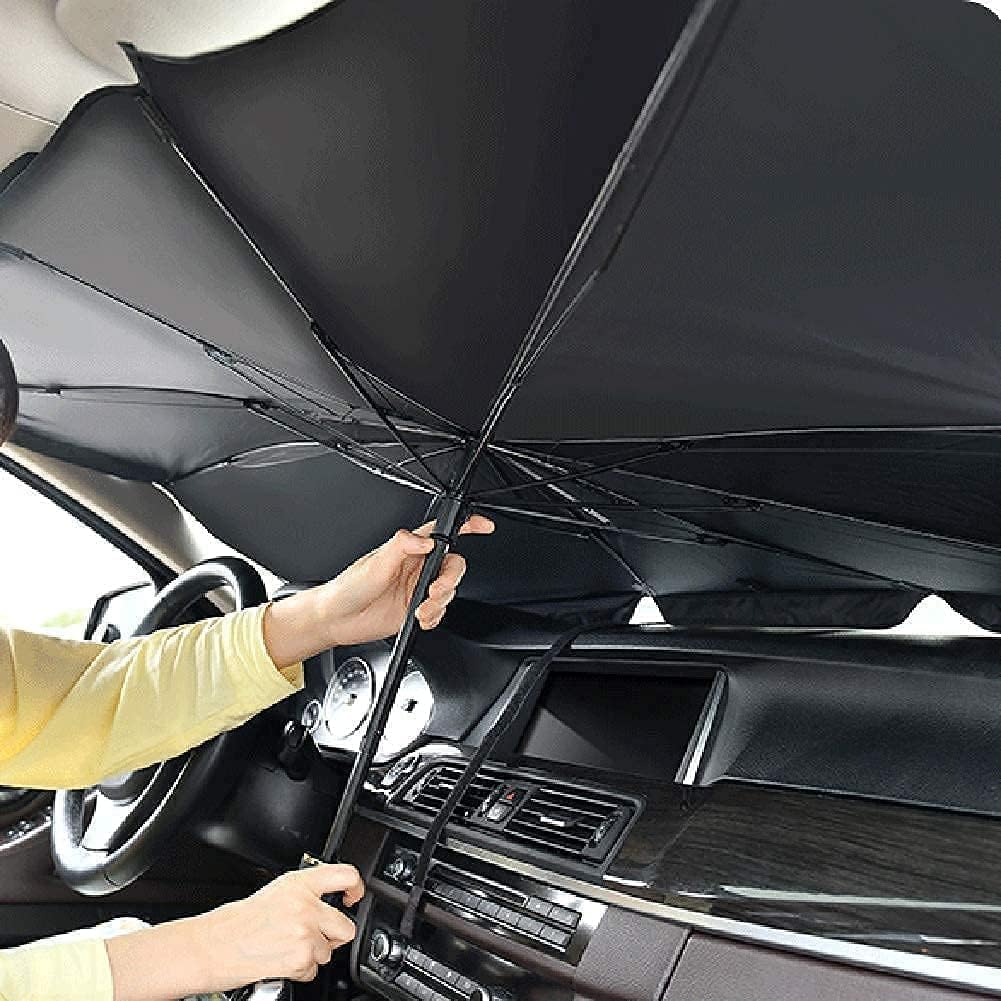 QIMIT Polyester, Nylon Foldable Car Windshield Umbrella, Car Windshield Sun Shade Umbrella for Front Windows, UV Rays and Heat Sun Visor Protector Windshield Suitable for Various Car Models (Black)