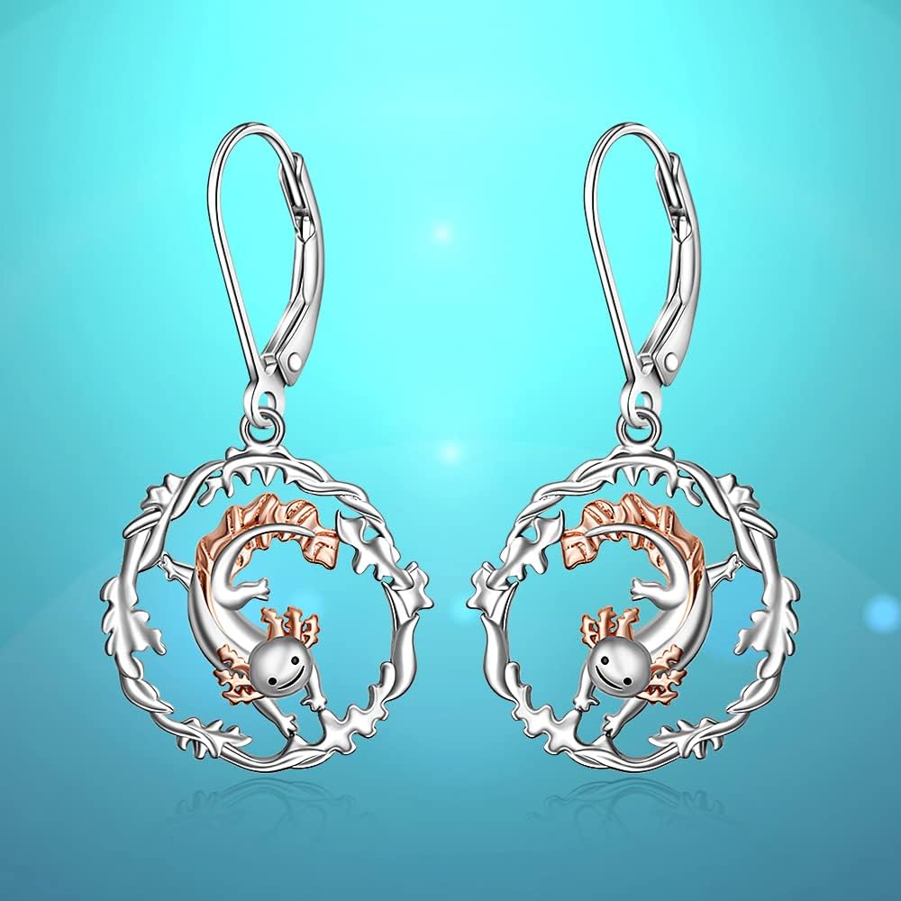 Axolotl Earrings for Women Sterling Silver Cute Mexican Axolotl Earrings Hanging Dangle Animal Jewelry Charm Funny Holiday Christmas Gifts