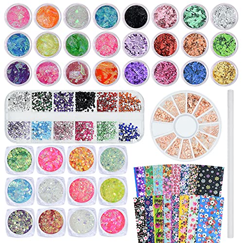 FEILIBAY Nail Art Accessories Set Include 36 Pots Foils Flakes, Holographic Glitter Sequins, 16 Sheets Nail Foil Transfer Sticker, 1 Box Nail Studs and 1 Box Nail Rhinestones for Nail Art Decorations