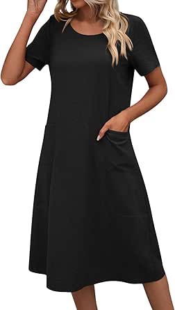 Summer Solid Color Dress Short Sleeve Cotton Linen Loose Dress Women's ...