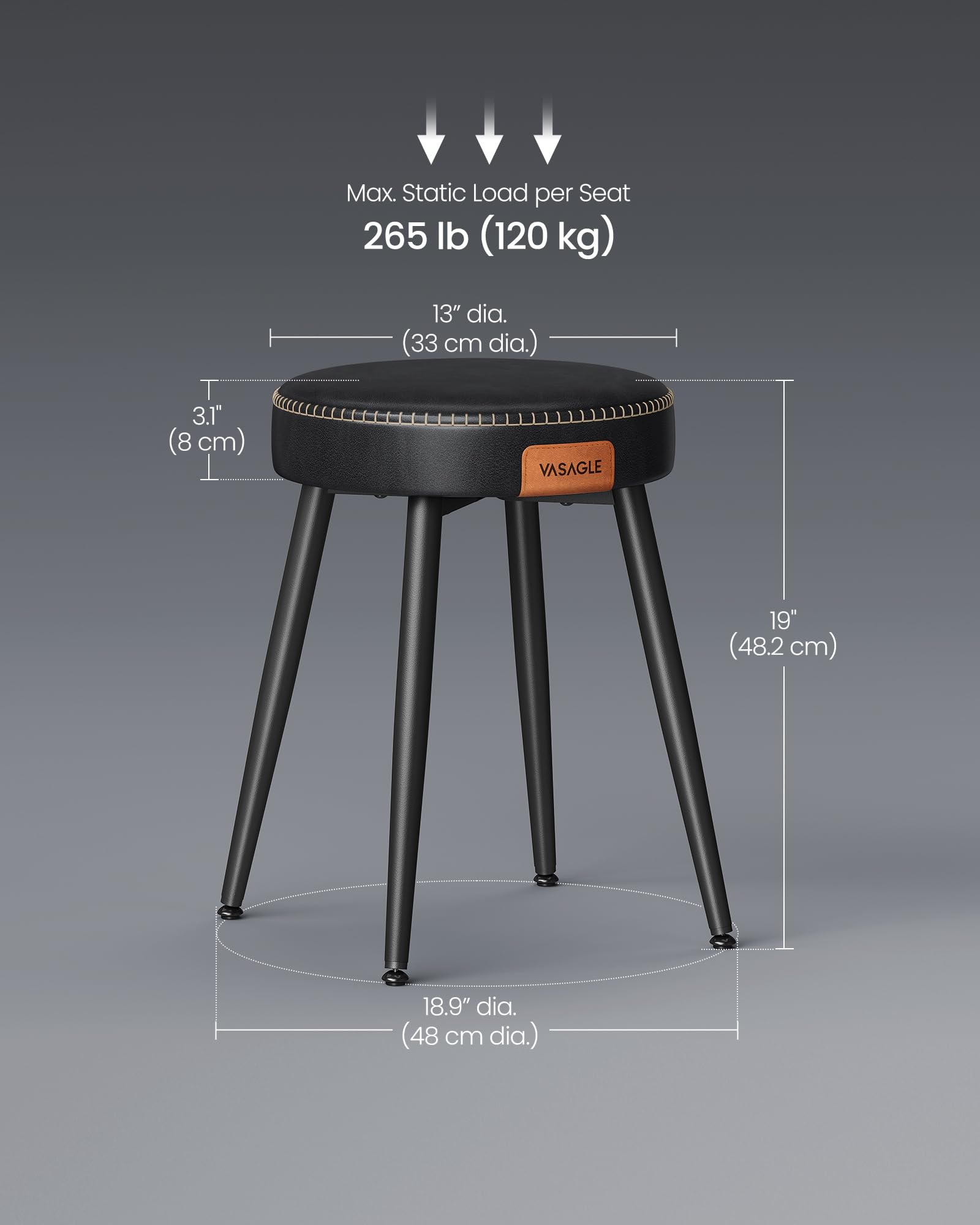 VASAGLE EKHO Collection - Dining Stools Set of 2, Upholstered Kitchen Stools, Synthetic Leather with Stitching, Mid-Century Modern, 48.2 cm Tall, Dining Living Room Office, Ink Black LDC170B82 — view 3