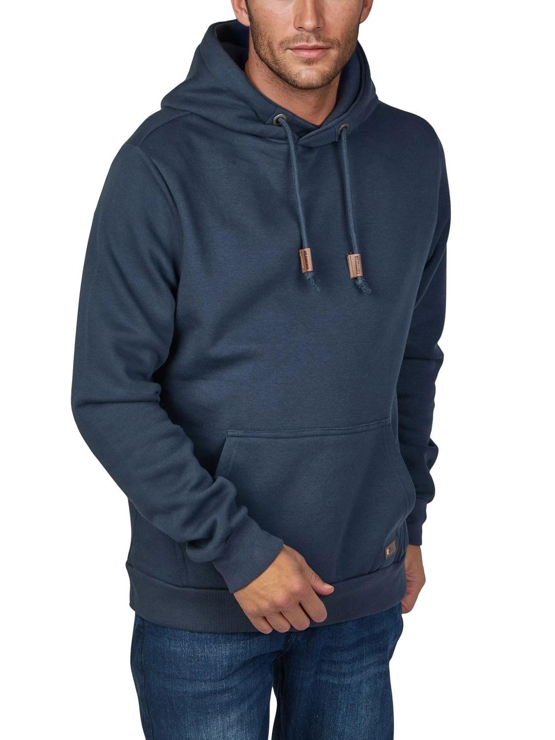 riverso Julian Men's Hooded Pullover/Hoodie/Sweatshirt with Hood and Kangaroo Pocket, Cross-Over Collar, Regular, Cotton, Blue - Medium