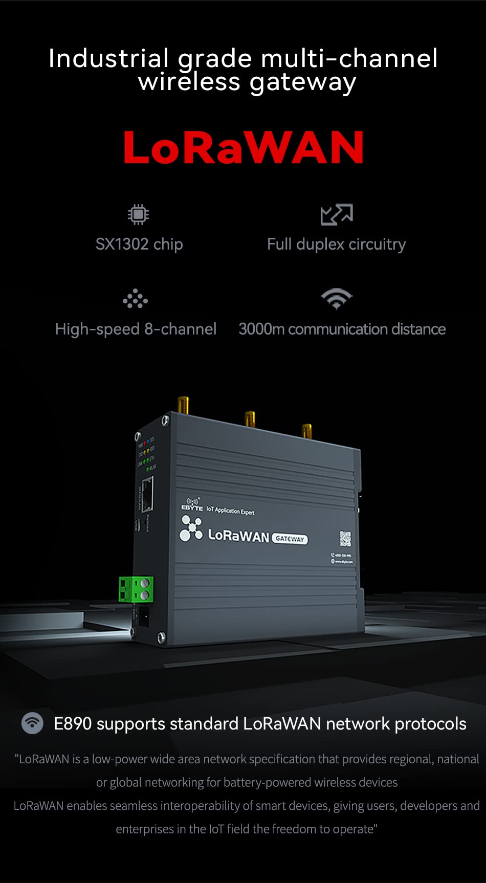 SX1302 470MHz Industrial LoRaWAN Gateway Full Duplex E890-470LG12 27dBm 3km DC8 ~ 28V Multi Channel Gateway Wireless