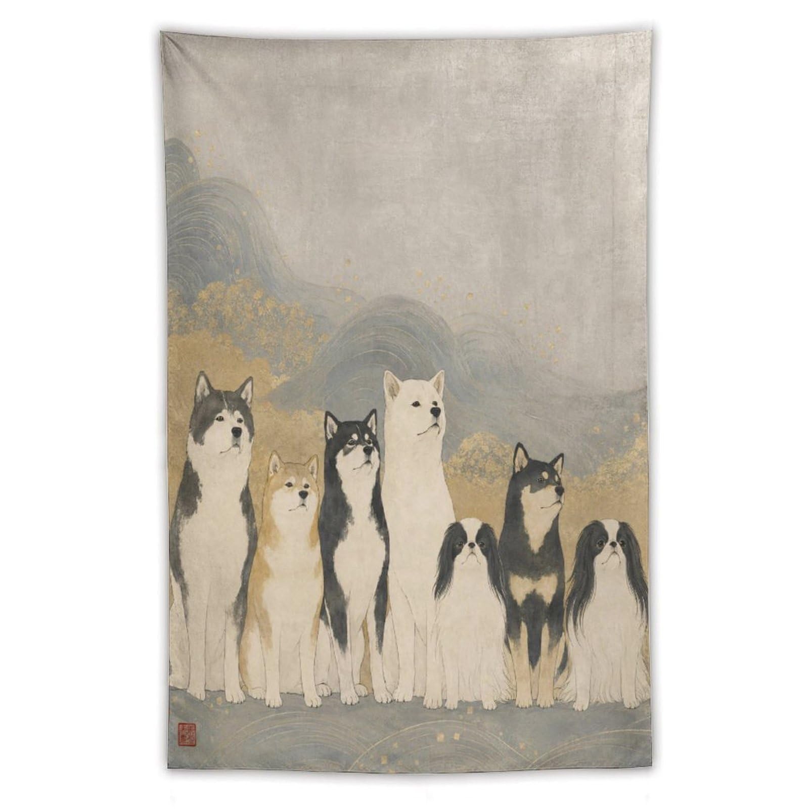 W7C8U2X3 Shiba Inu Group Wall Tapestry, Realistic Illustration, Dorm Room