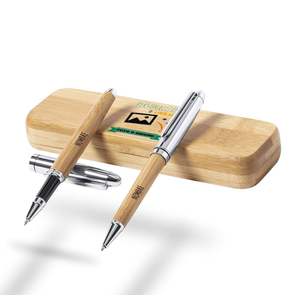 Estuche de Bolígrafos Personalizados | Regalo Original | Bolígrafos de Bambú con Nombre | Regalo de Graduación, Jubilación, Fin de curso, Profesores, Día del Padre