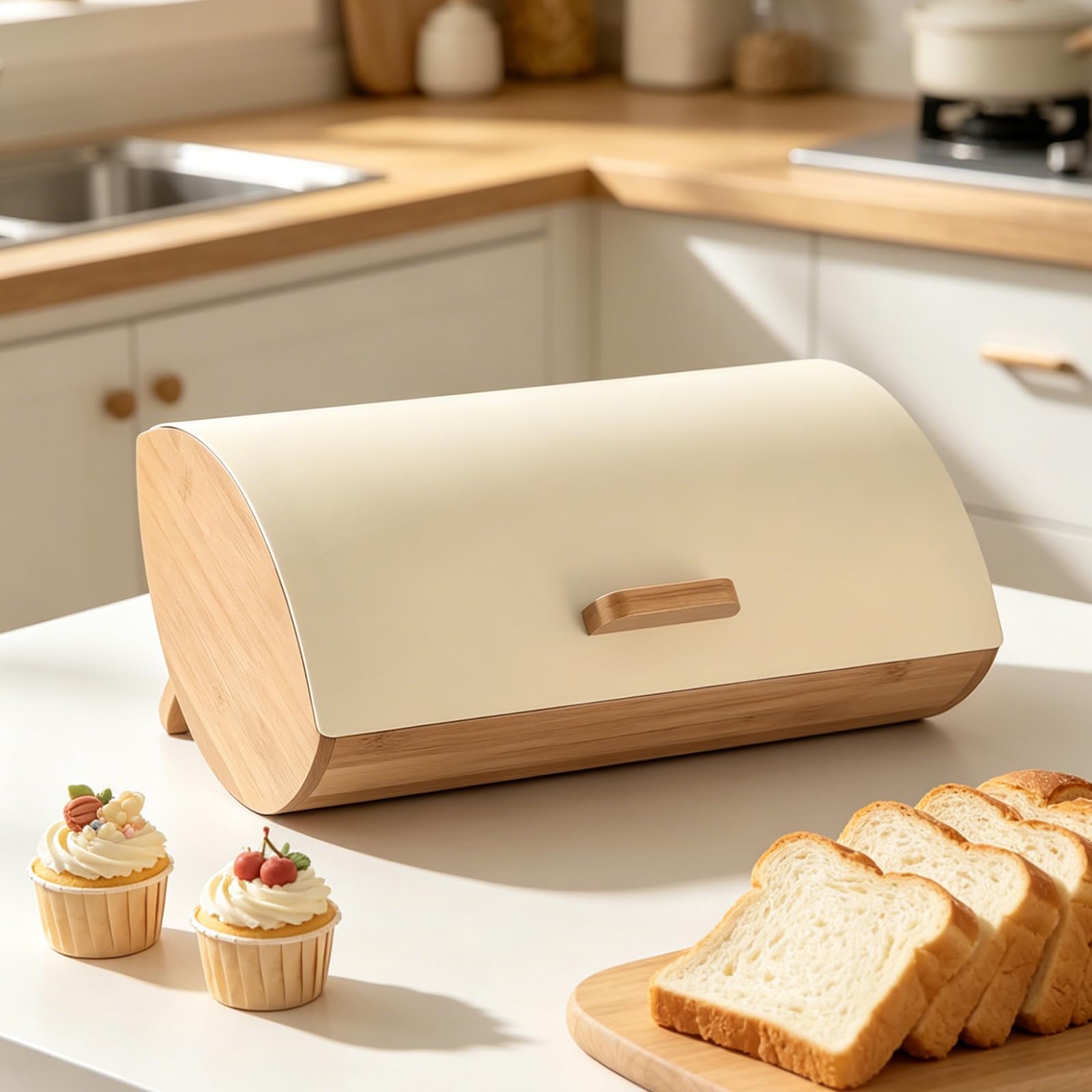 Caja de almacenamiento para pan con paneles de madera transpirables y