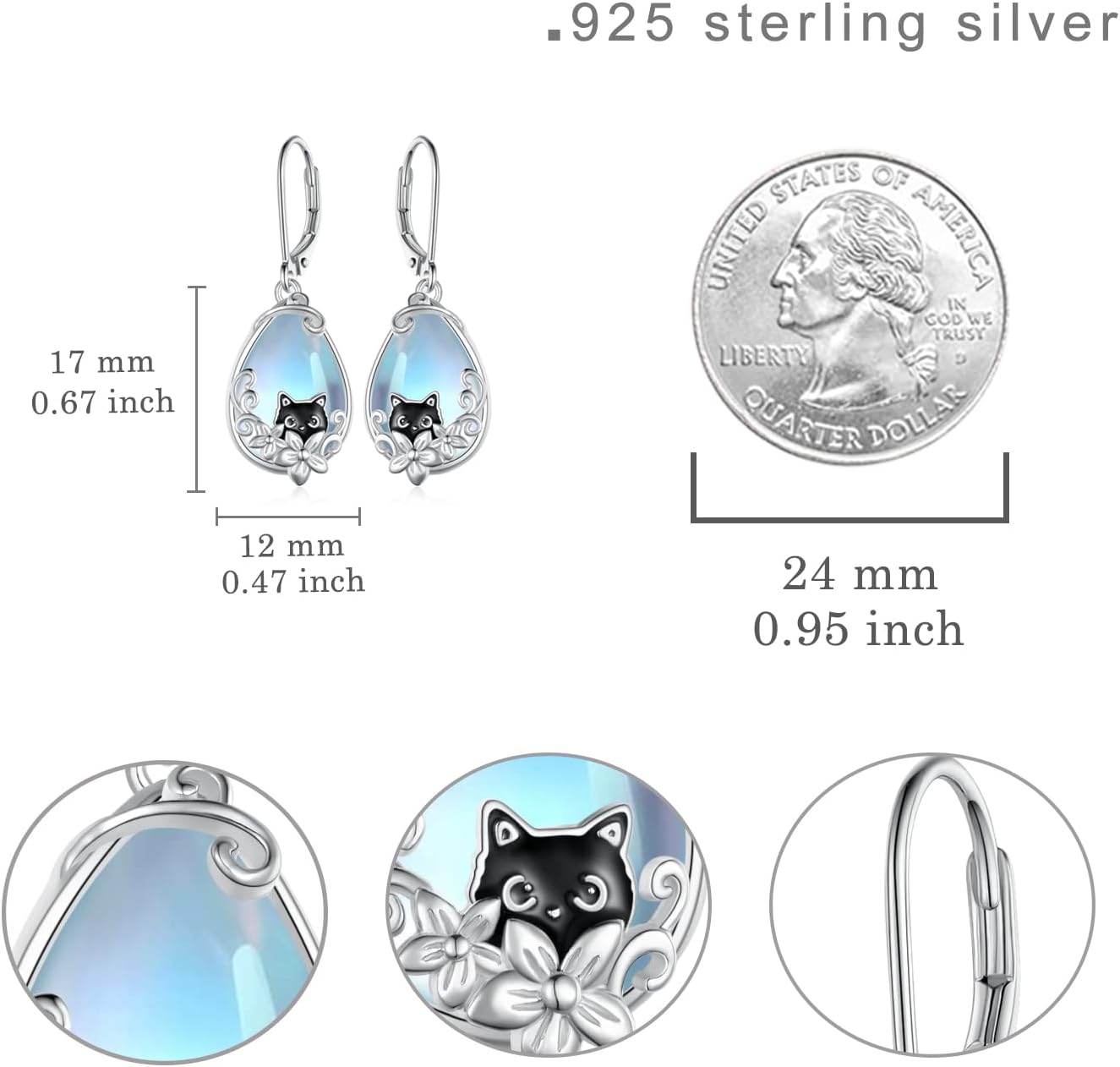 Black Cat Earrings 925 Sterling Silver Moonstone Earring Cat Jewelry for Women Birthday Gift - Image 6