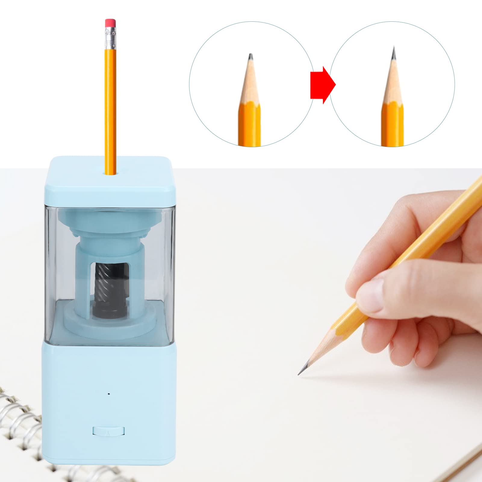 Ołówek elektryczny Vomeko, wytrzymałą automatyczną ostrzałek ołówka, ładowanie USB, dla dzieci, szkoły, domu, biura, klasy,