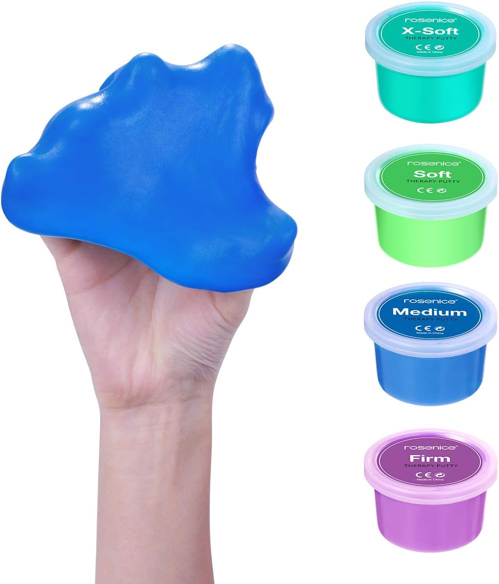 ROSENICE Physical Therapeutic Exercise Putty for Finger, Hand and Grip Strength, Stress Relief Tools - X Soft, Soft, Medium, Firm (3-oz Each, 4 Pack)