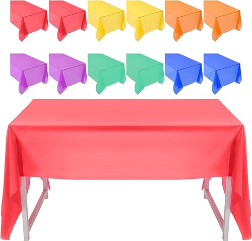 Paquete de 12 manteles de plástico desechables, manteles rectangulares grandes, manteles de plástico coloridos impermeables y a prueba de aceite,