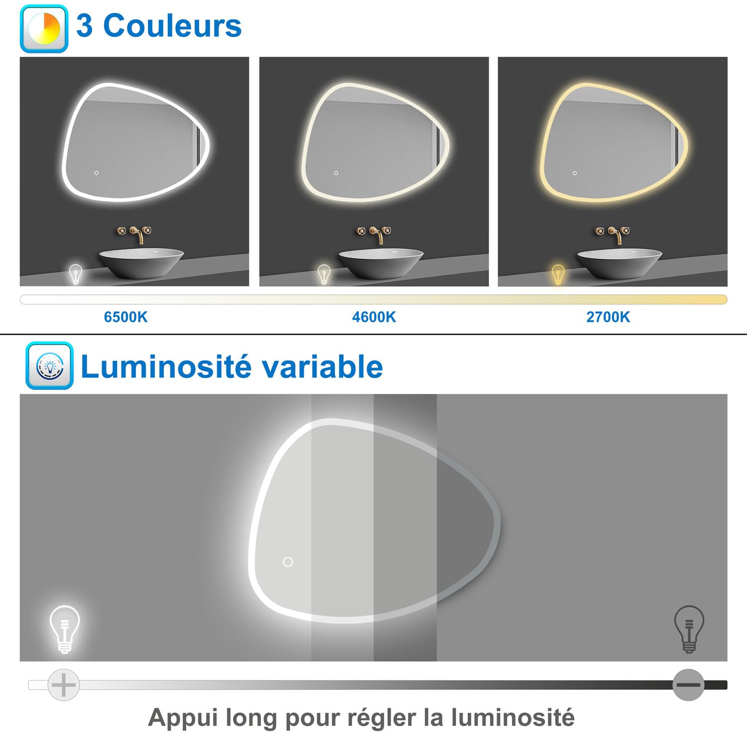 AICA Miroir Salle de Bain 100x80cm, Miroir Lumineux avec 3 Couleurs + Dimmable + Anti-buée,Miroir Mural Interrupteur Tactile Étanche