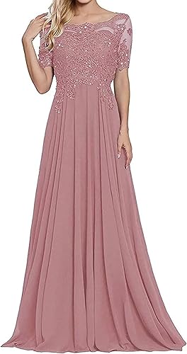 MildApril Apliques de encaje Vestidos de madre de la novia de manga corta vestidos de noche de gasa vestidos de noche de cuello bateau con cuentas