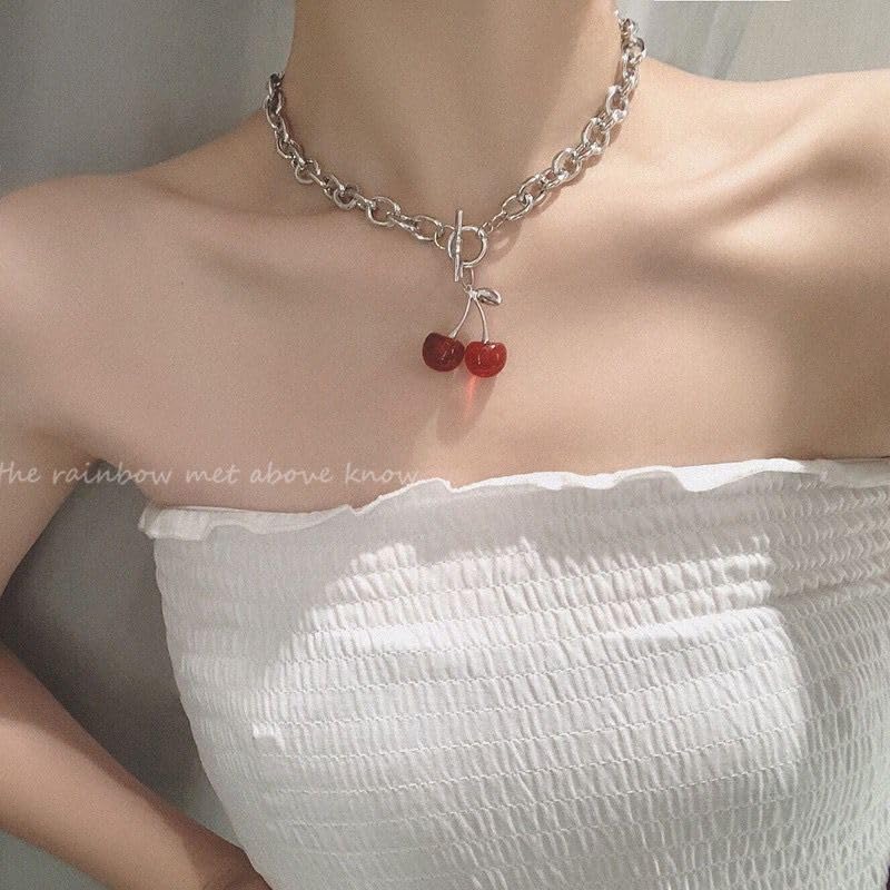 ONLYJUMP 3 Pairs Cute Cherry Pendant Necklace Bracelet Earrings Set for Women 3D Sweet Fruit Earrings Bracelet Creative Fruit Red Cherry Choker Necklace Fashion Summer Fruit Jewelry - Image 5