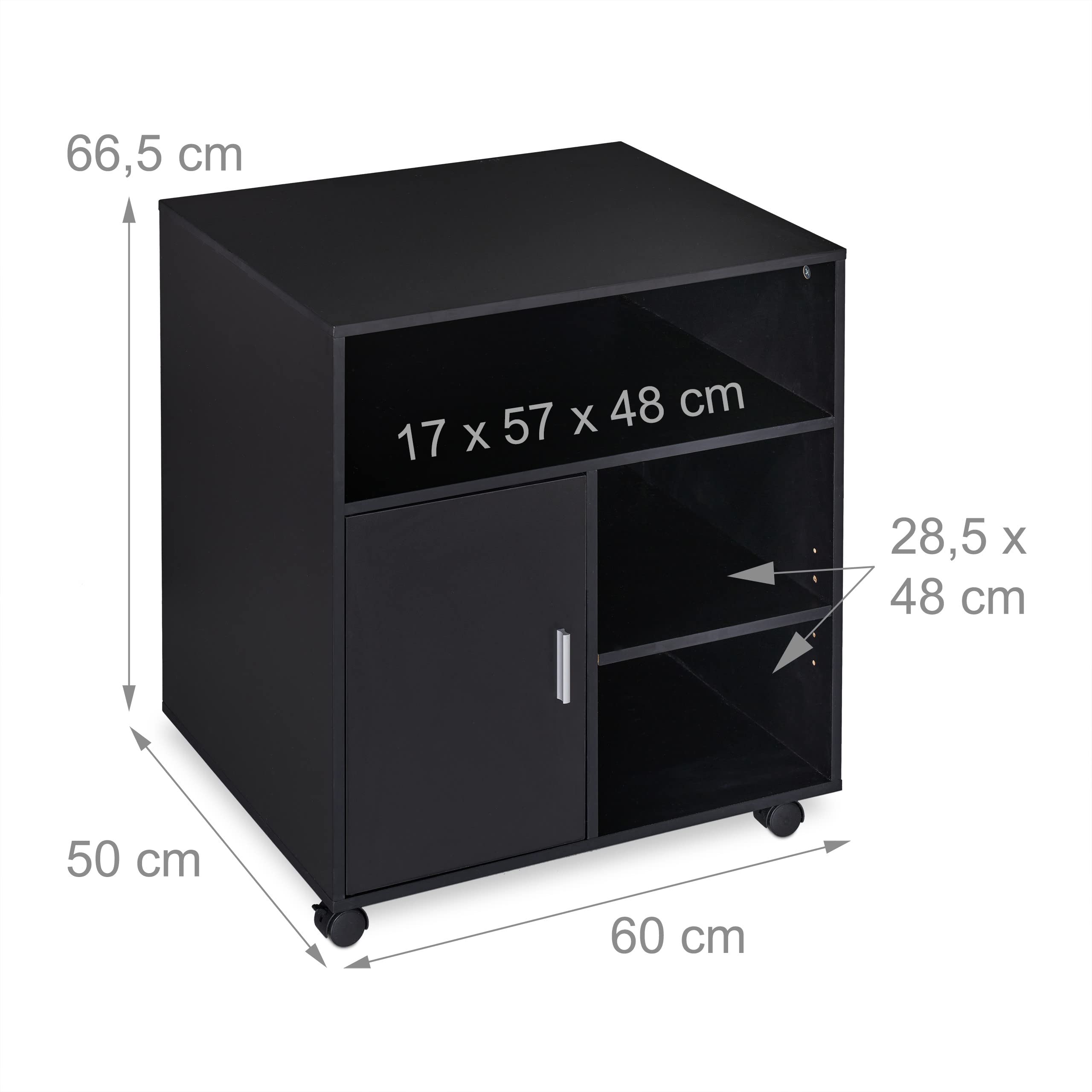 Relaxdays Carrello Porta Stampante, 5 Scomparti e Anta, per Ufficio, Mobiletto con Ruote, HxLxP 66,5 x 60 x 50 cm, Nero