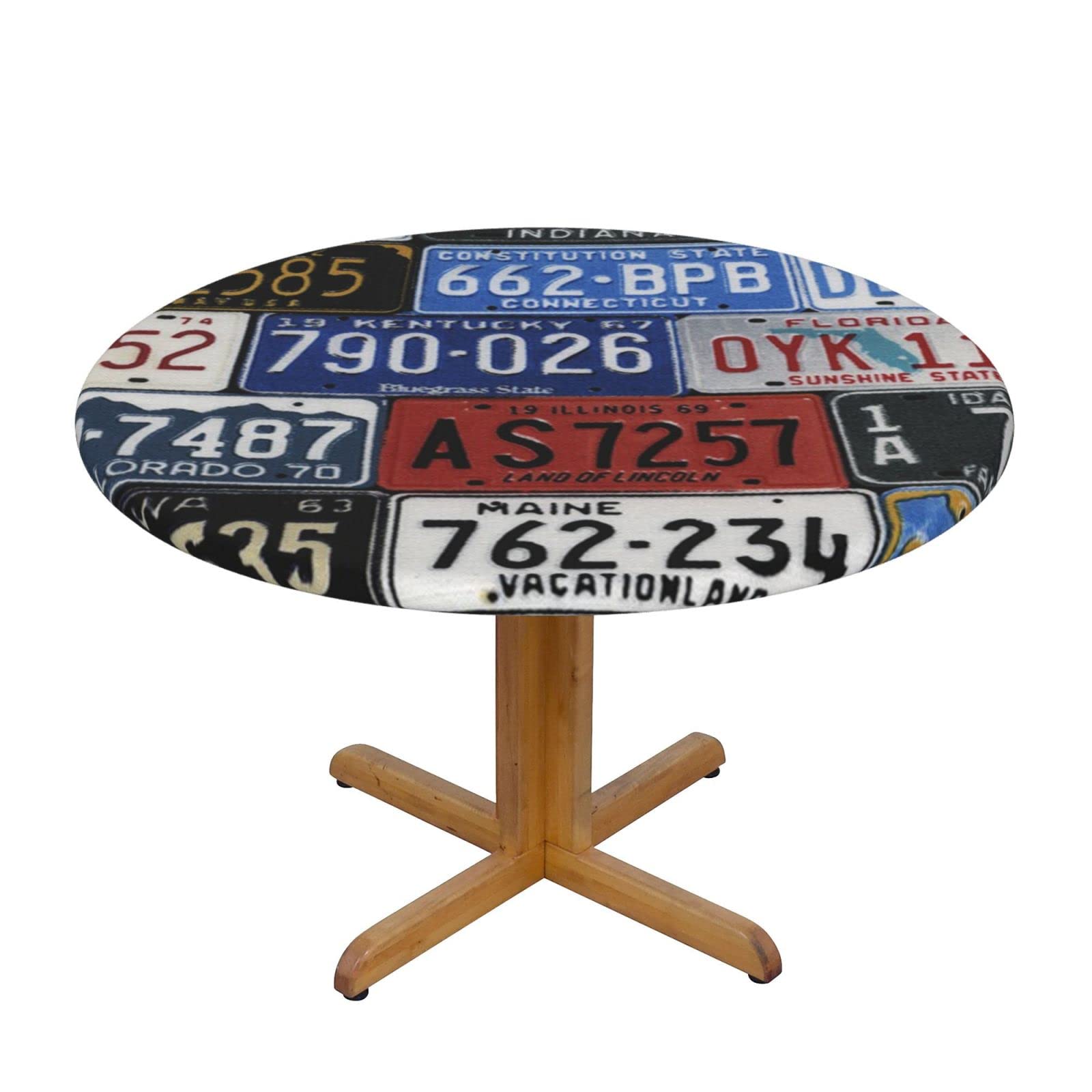 Lsjuee Round Fitted Tablecloth 40-44in Elastic Edged Table Cloth for Kitchen Dining Party Home Decor - Vintage License Plate Color