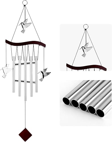 Campanilla de viento de colibrí para exterior, campanillas de viento decorativas de colibrí con 7 tubos de aluminio, colibrí pájaro giratorio de
